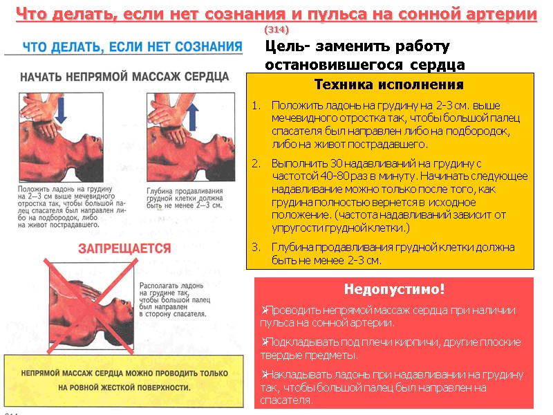 Что делать, если нет сознания и пульса на сонной артерии  (314) Цель- заменить